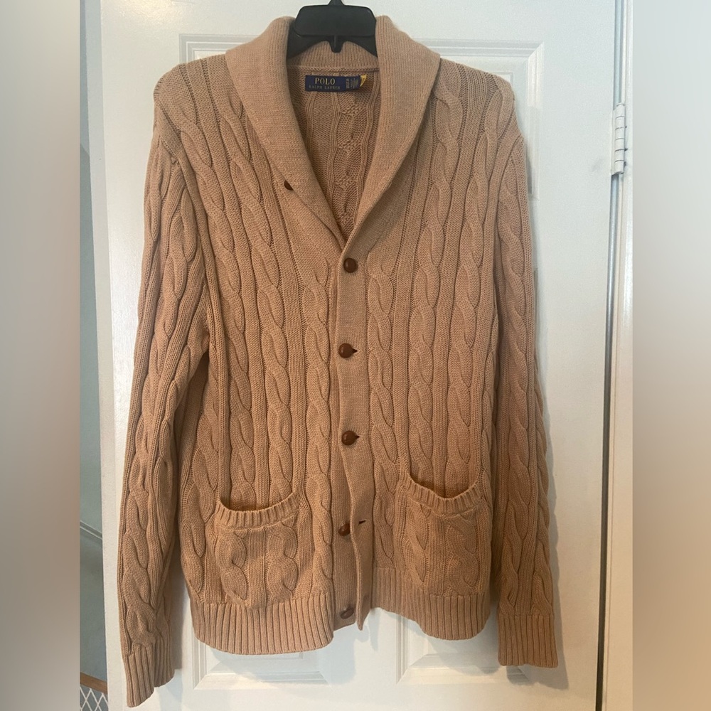 Ralph Lauren Tan Cable-Knit Shawl Collar Cardigan